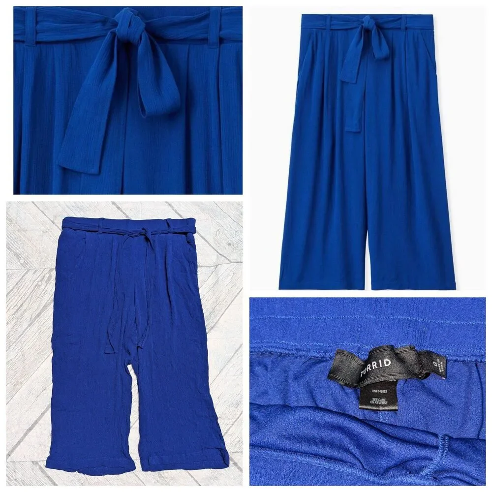 Y2K Wide Leg Palazzo Crop Pull-On Gauze Tie-Front‎ Pants Torrid 0x Cobalt Blue